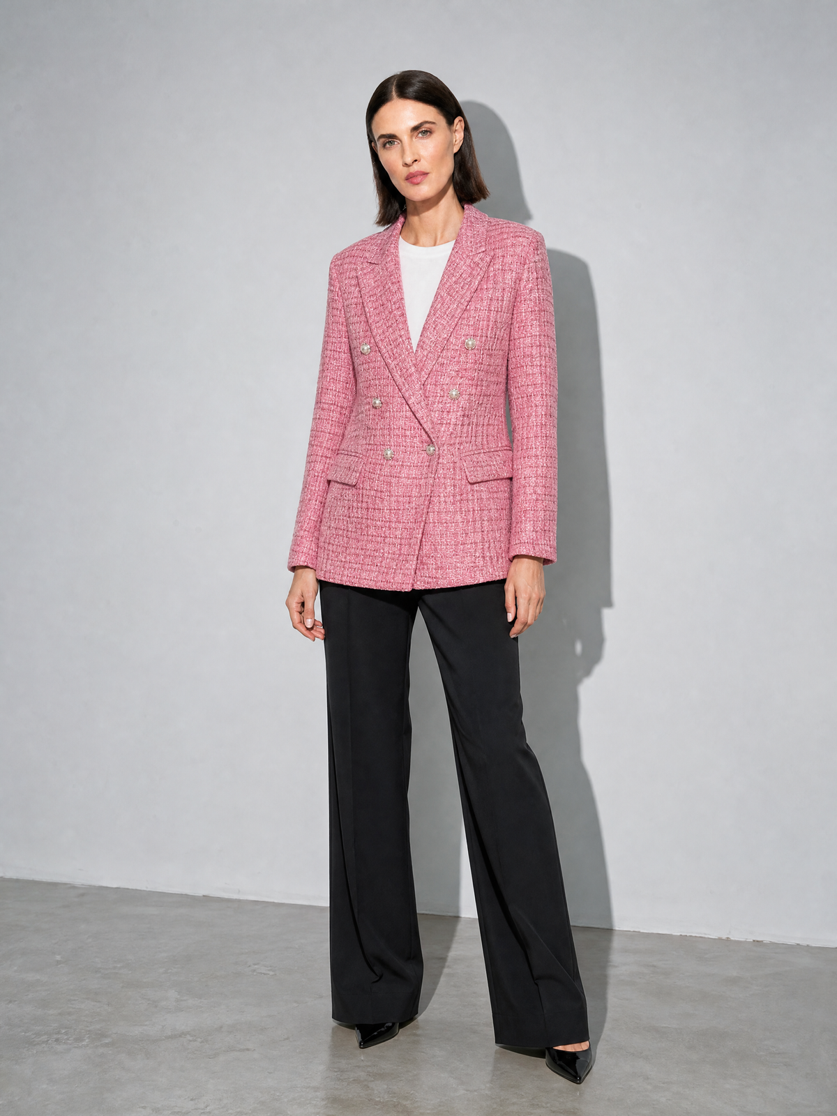 Women's Blazer Tweed Double Breasted in PinkRed Color — On-Model Front Angle