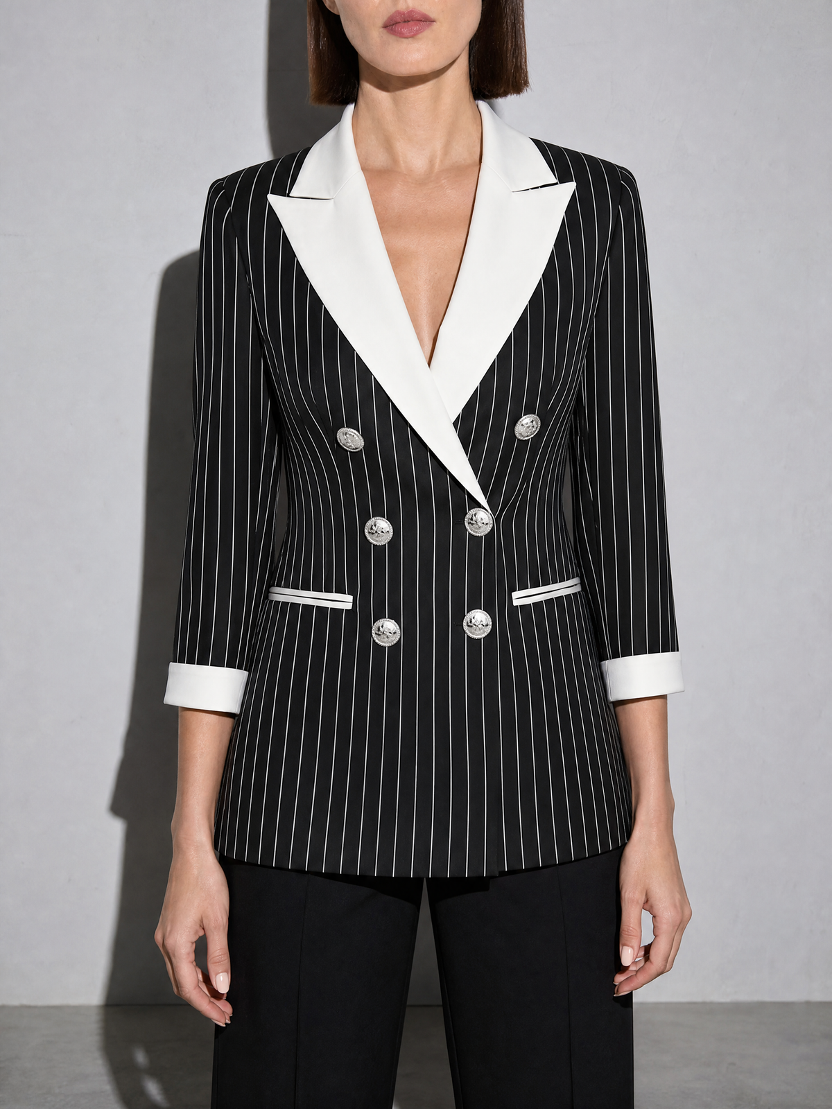 Women's Blazer Pinstripe Contrast Lapel in Black — Mid-Length Torso Fit View