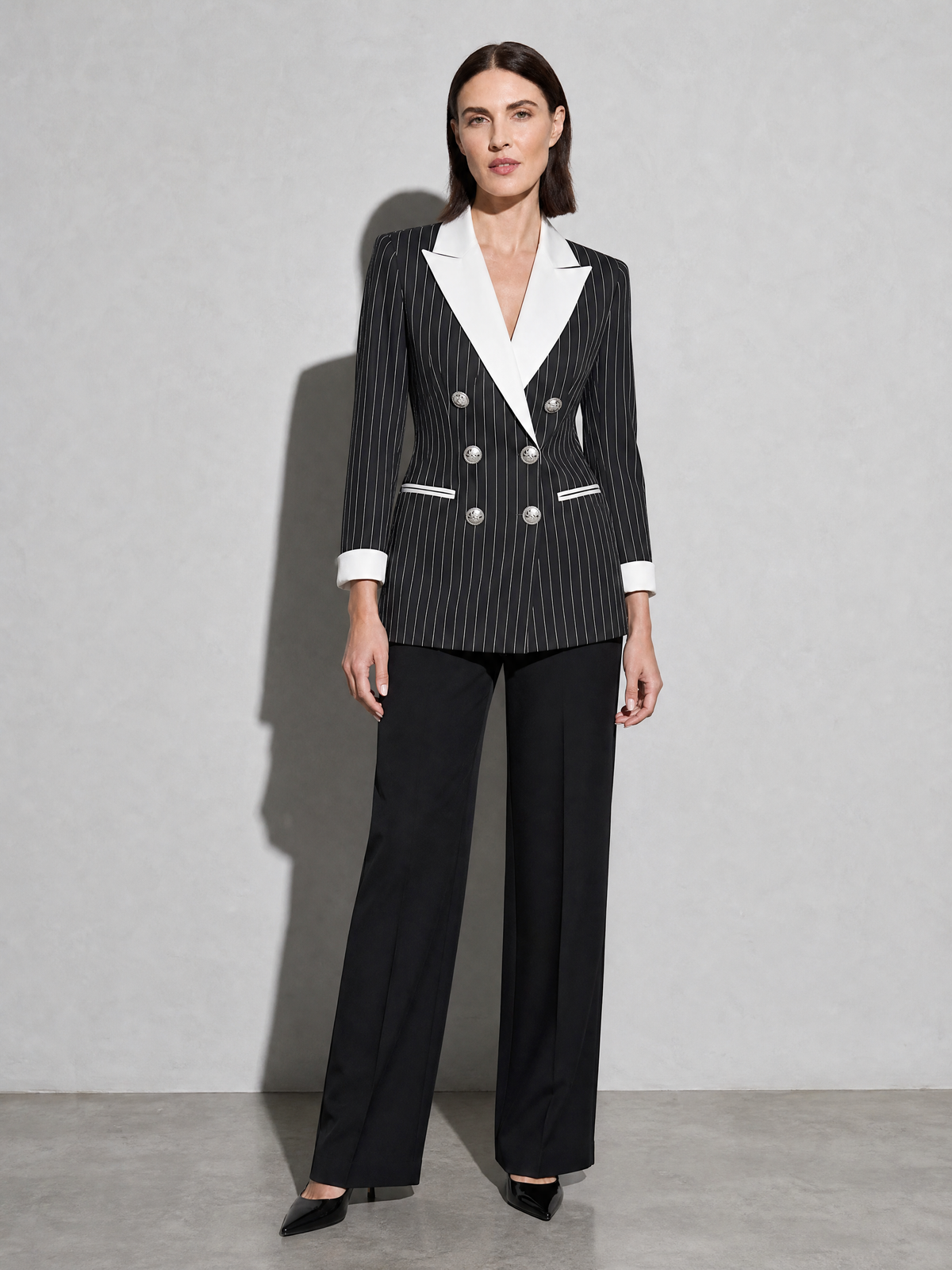 Women's Blazer Pinstripe Contrast Lapel in Black — Side Profile View