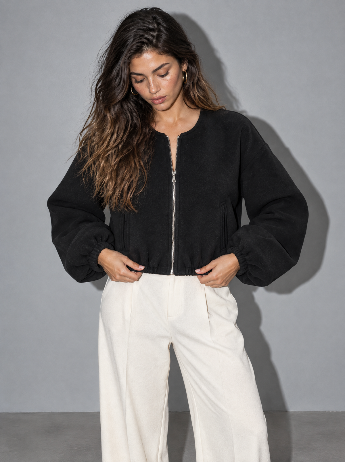 Women's Jacket Fleece Bomber Cropped Zip Collarless — Black — adjusting