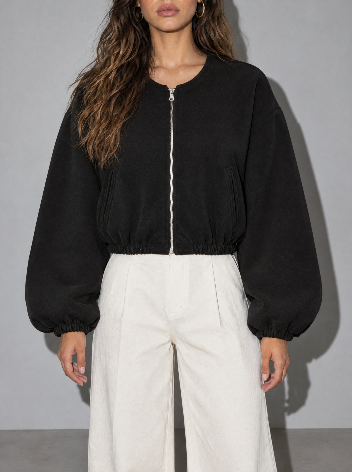 Women's Jacket Fleece Bomber Cropped Zip Collarless — Black — bust to thigh