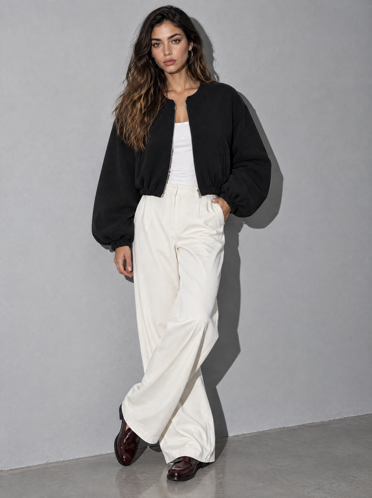 Women's Jacket Fleece Bomber Cropped Zip Collarless — Black — seated or lean