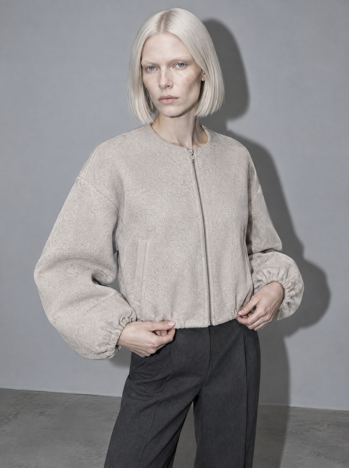 Women's Jacket Fleece Bomber Cropped Zip Collarless — Gray — adjusting