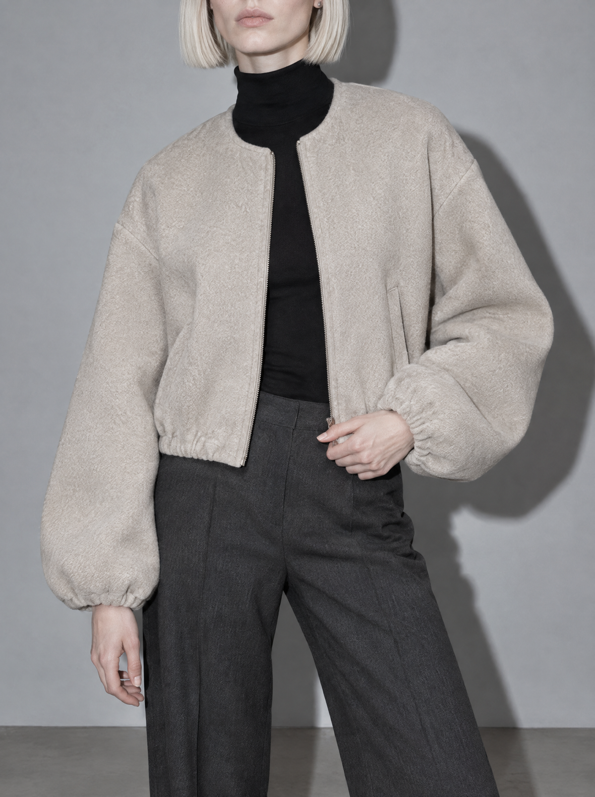 Women's Jacket Fleece Bomber Cropped Zip Collarless — Gray — bust to thigh