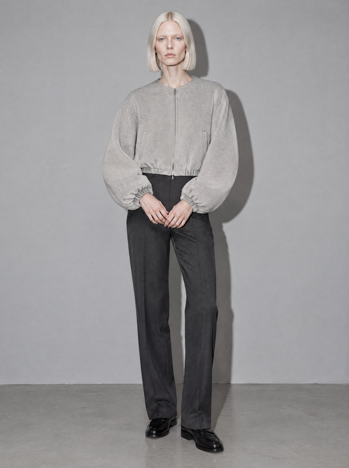 Women's Jacket Fleece Bomber Cropped Zip Collarless — Gray — main