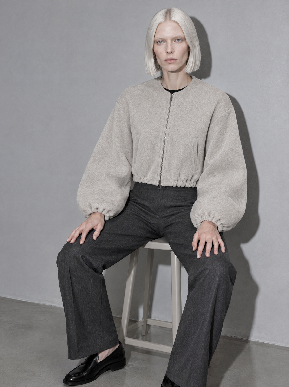 Women's Jacket Fleece Bomber Cropped Zip Collarless — Gray — seated or lean