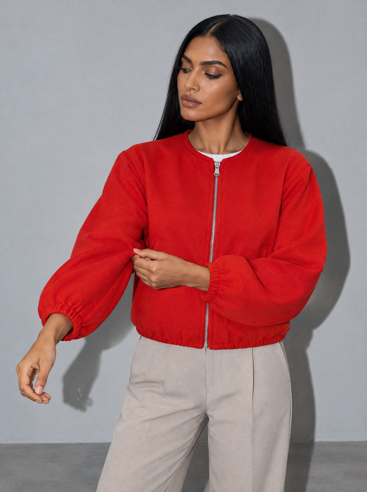Women's Jacket Fleece Bomber Cropped Zip Collarless — Red — adjusting