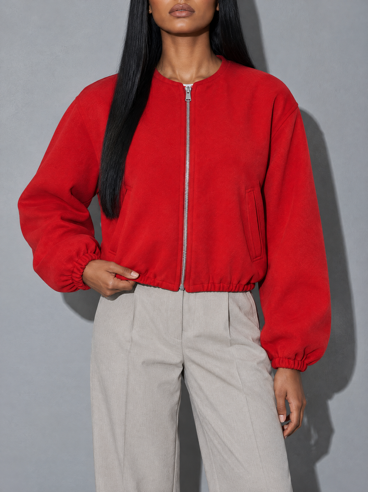 Women's Jacket Fleece Bomber Cropped Zip Collarless — Red — bust to thigh