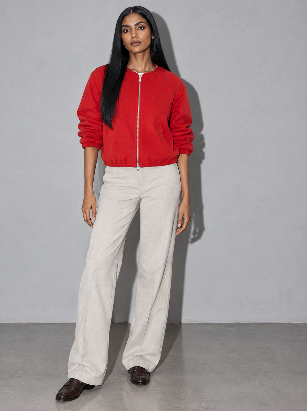 Women's Jacket Fleece Bomber Cropped Zip Collarless — Red — main