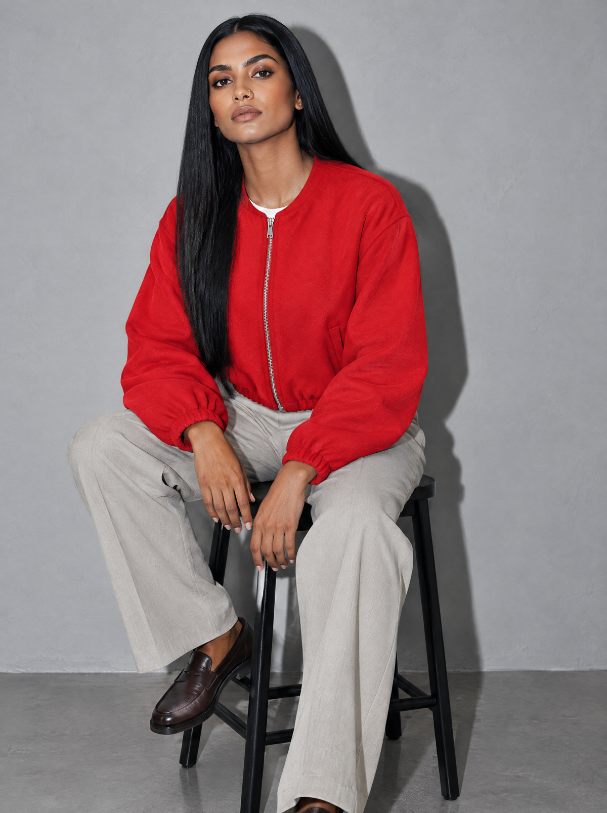 Women's Jacket Fleece Bomber Cropped Zip Collarless — Red — seated or lean