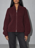 Alivia | Women's Oversized Chunky Zip Up Knit Cardigan — Burgundy — bust to thigh
