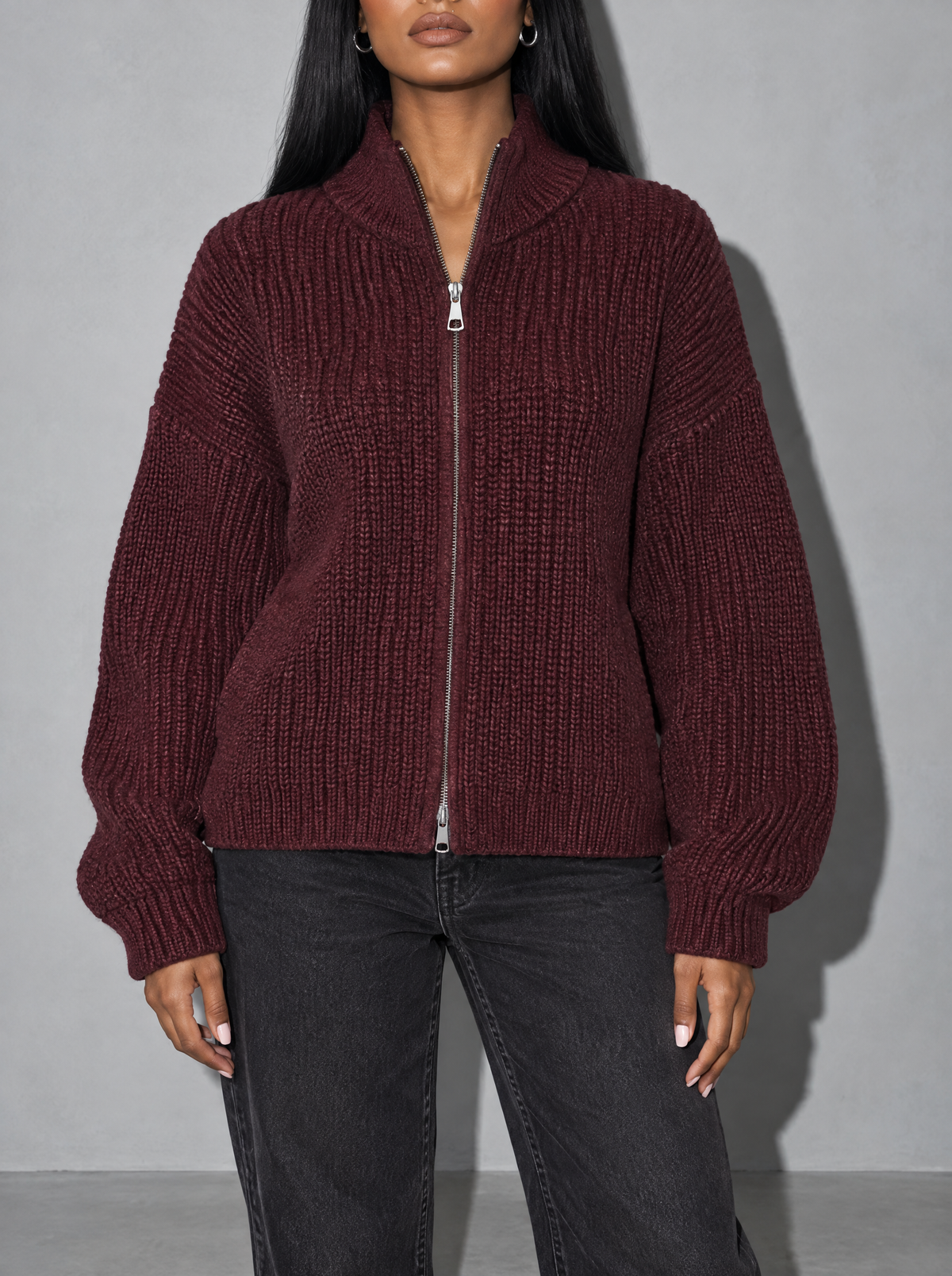 Alivia | Women's Oversized Chunky Zip Up Knit Cardigan — Burgundy — bust to thigh