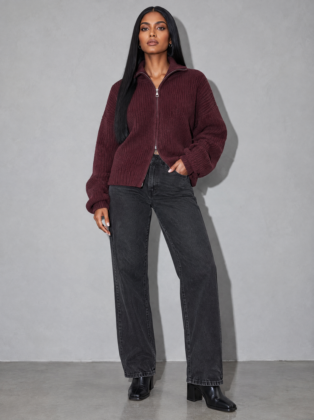 Alivia | Women's Oversized Chunky Zip Up Knit Cardigan — Burgundy — main
