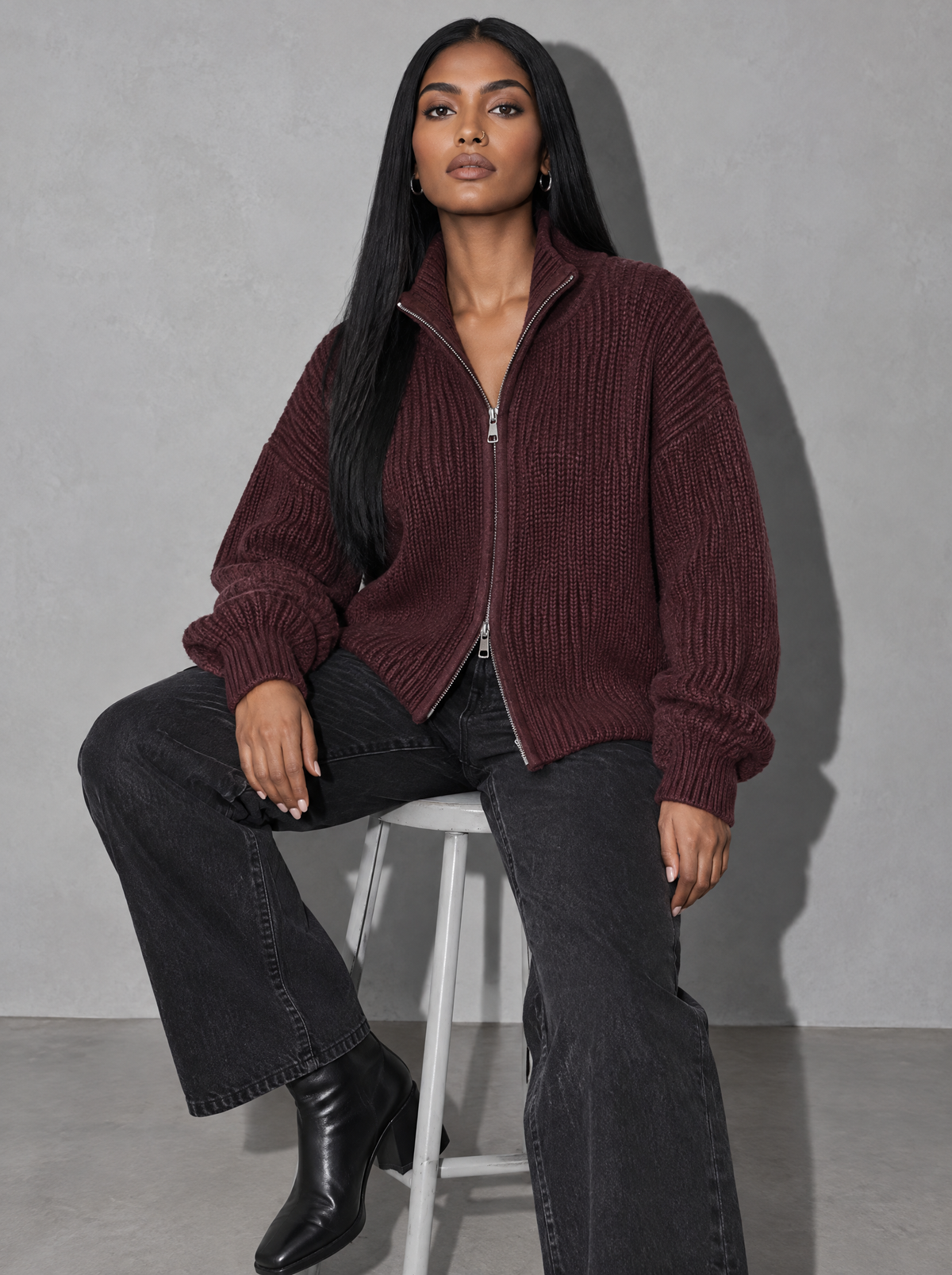 Alivia | Women's Oversized Chunky Zip Up Knit Cardigan — Burgundy — seated or lean