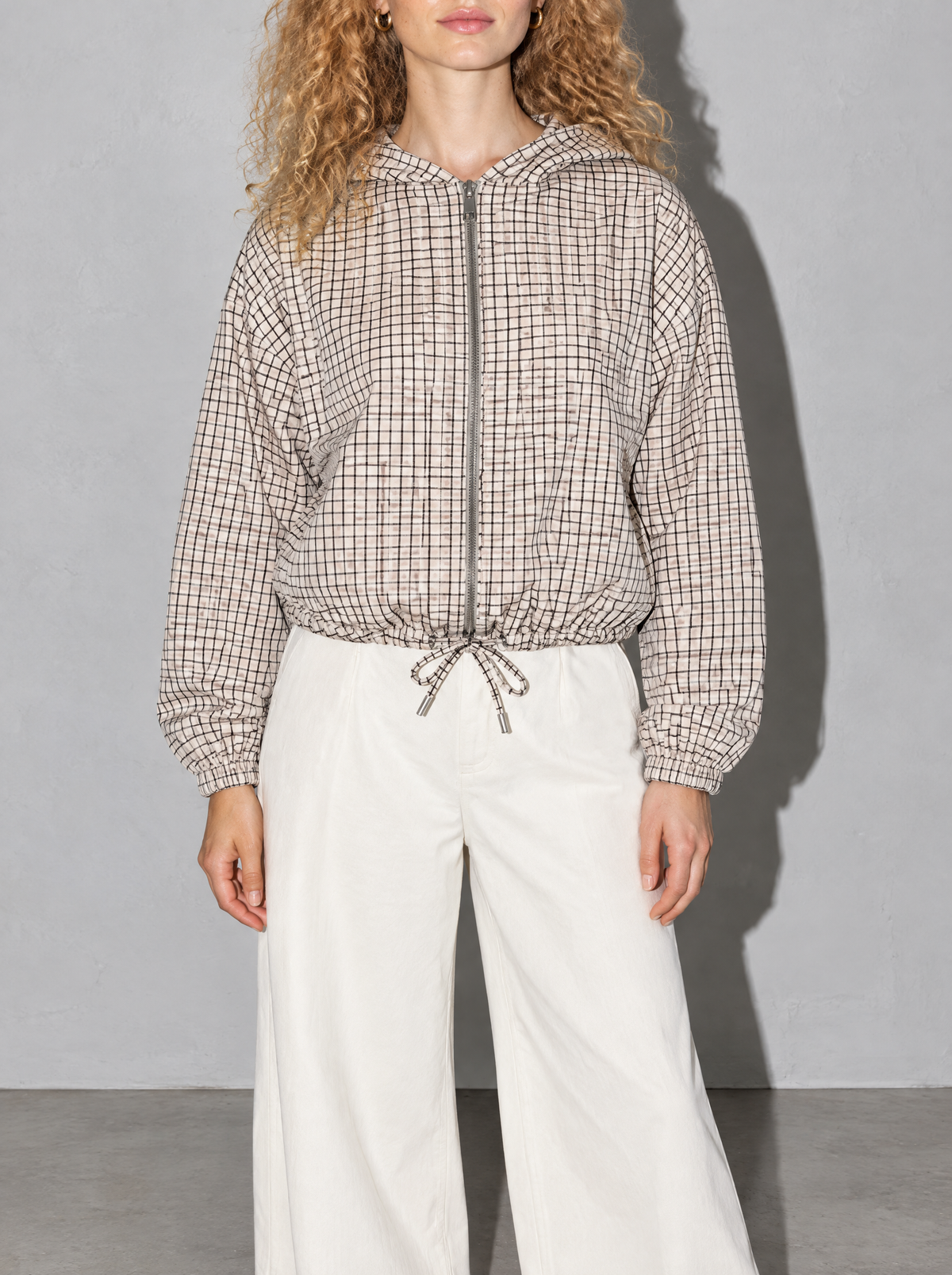 Women's Jacket Check Print Hooded Drawstring Hem — Single — bust to thigh