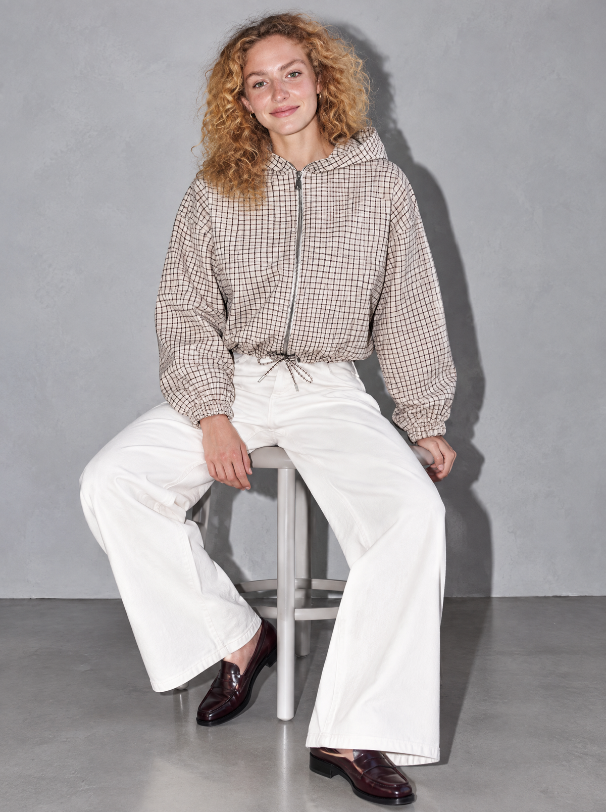 Women's Jacket Check Print Hooded Drawstring Hem — Single — seated or lean