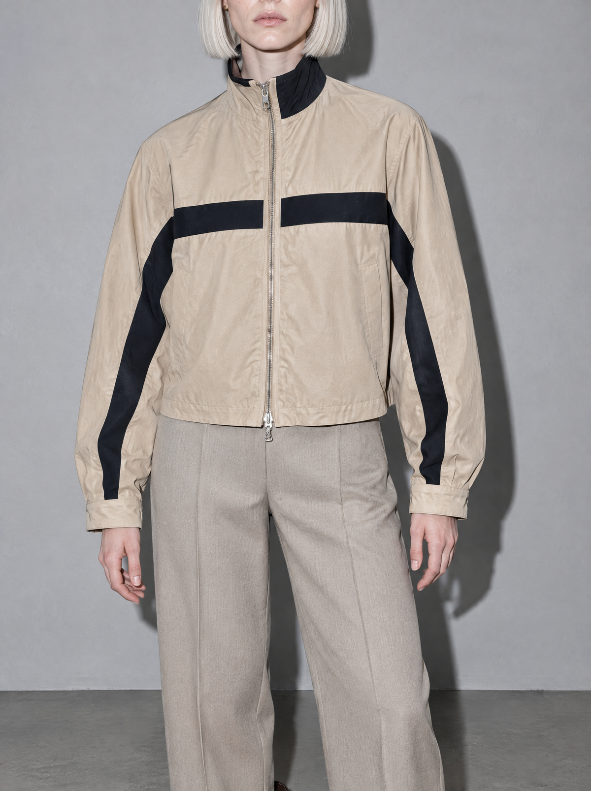 Women's Jacket Colour Block Bomber Stand Collar Zip — Single — bust to thigh