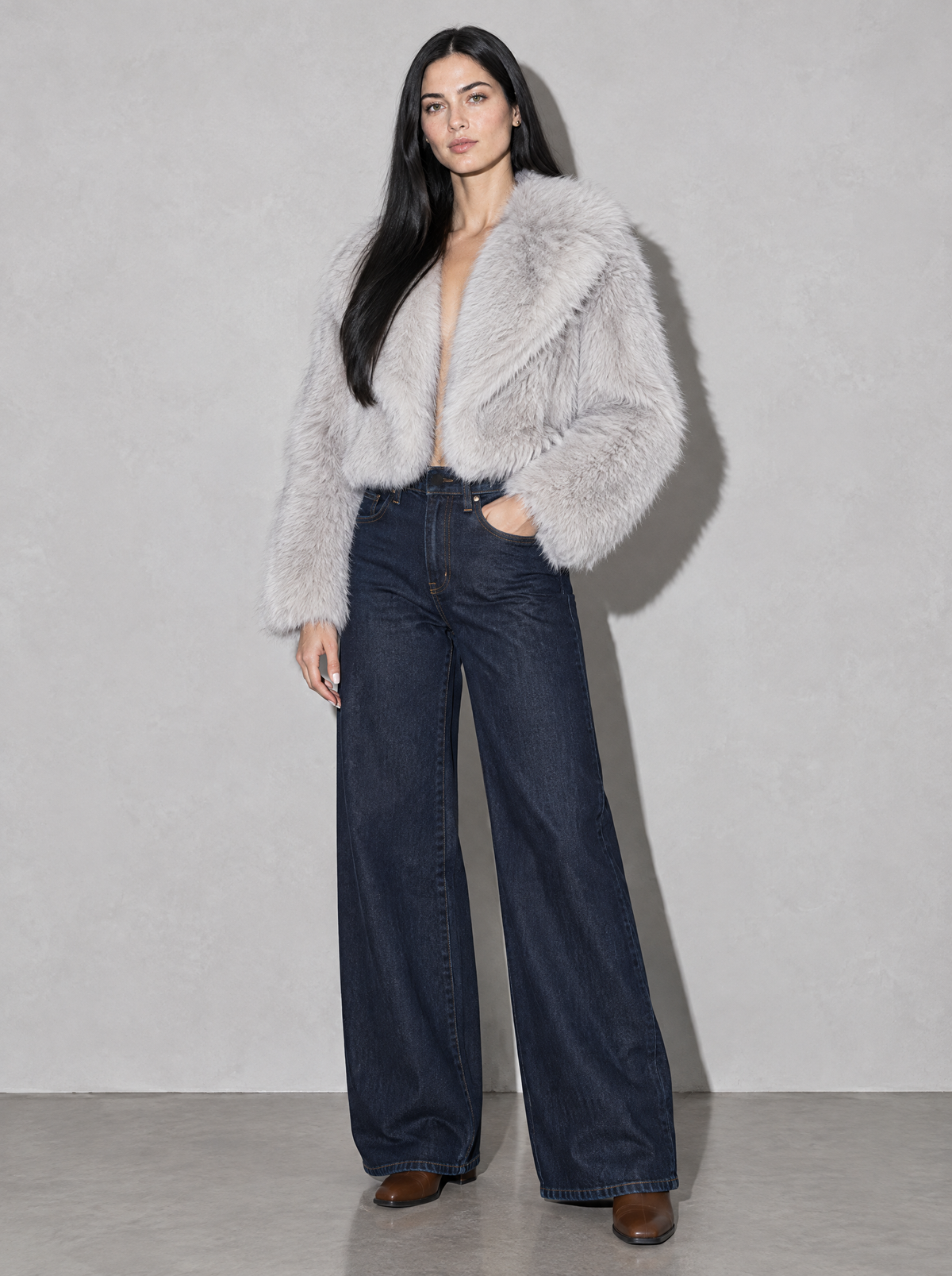 Women's Jacket Faux Fur Cropped Plush Collar — Grey — main