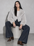 Women's Jacket Faux Fur Cropped Plush Collar — Grey — seated or lean