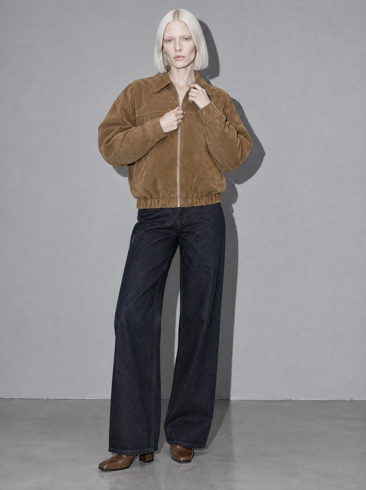 Women's Jacket Faux Suede Bomber Zip Front — Brown — adjusting