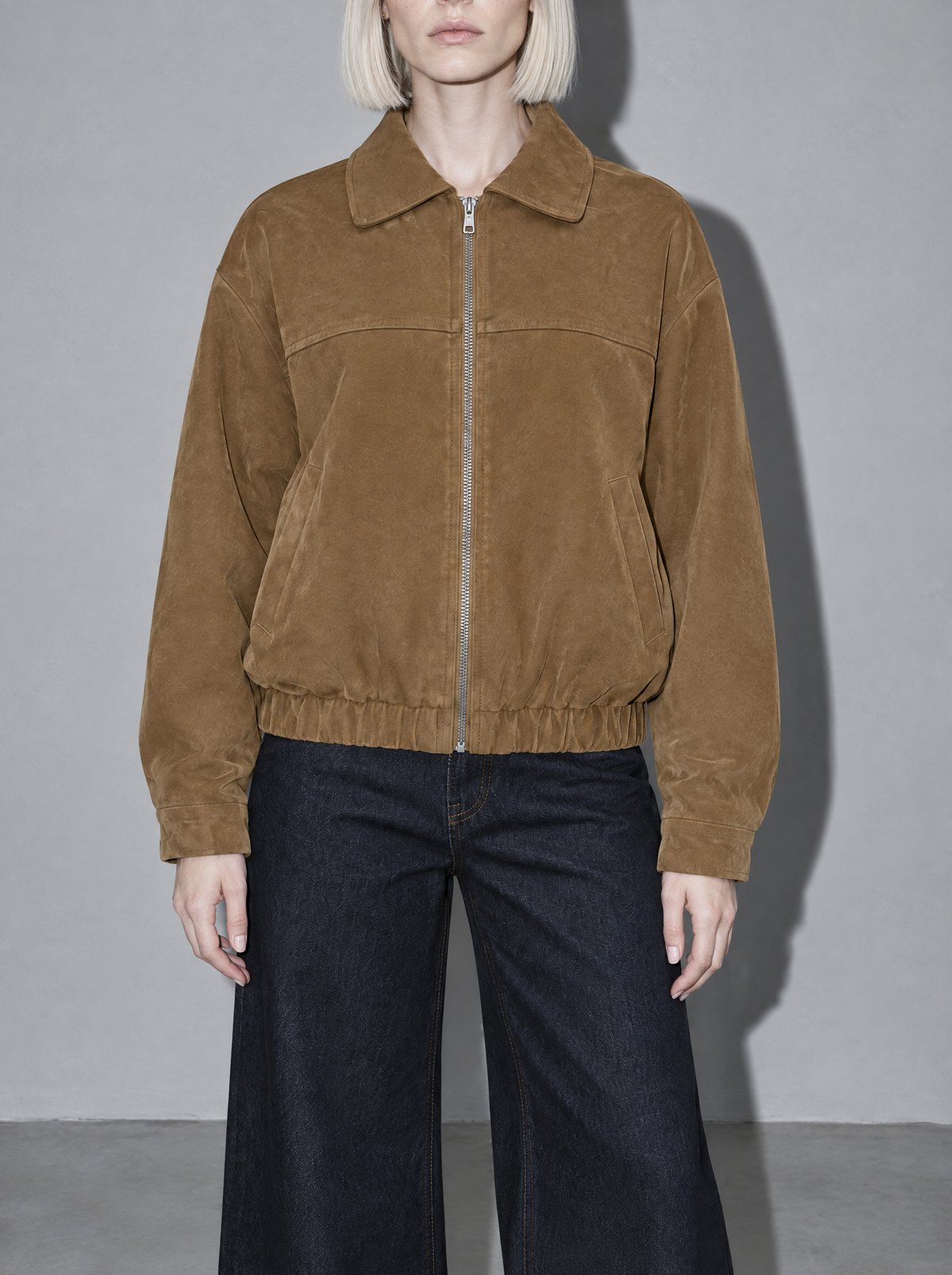 Women's Jacket Faux Suede Bomber Zip Front — Brown — bust to thigh