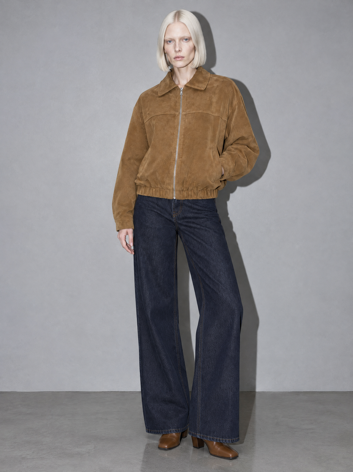 Women's Jacket Faux Suede Bomber Zip Front — Brown — main
