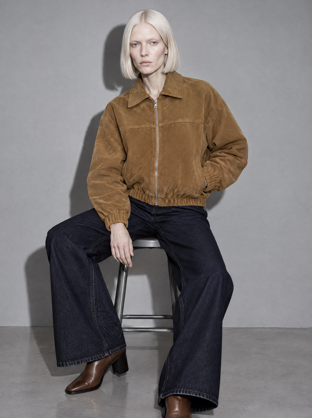 Women's Jacket Faux Suede Bomber Zip Front — Brown — seated or lean
