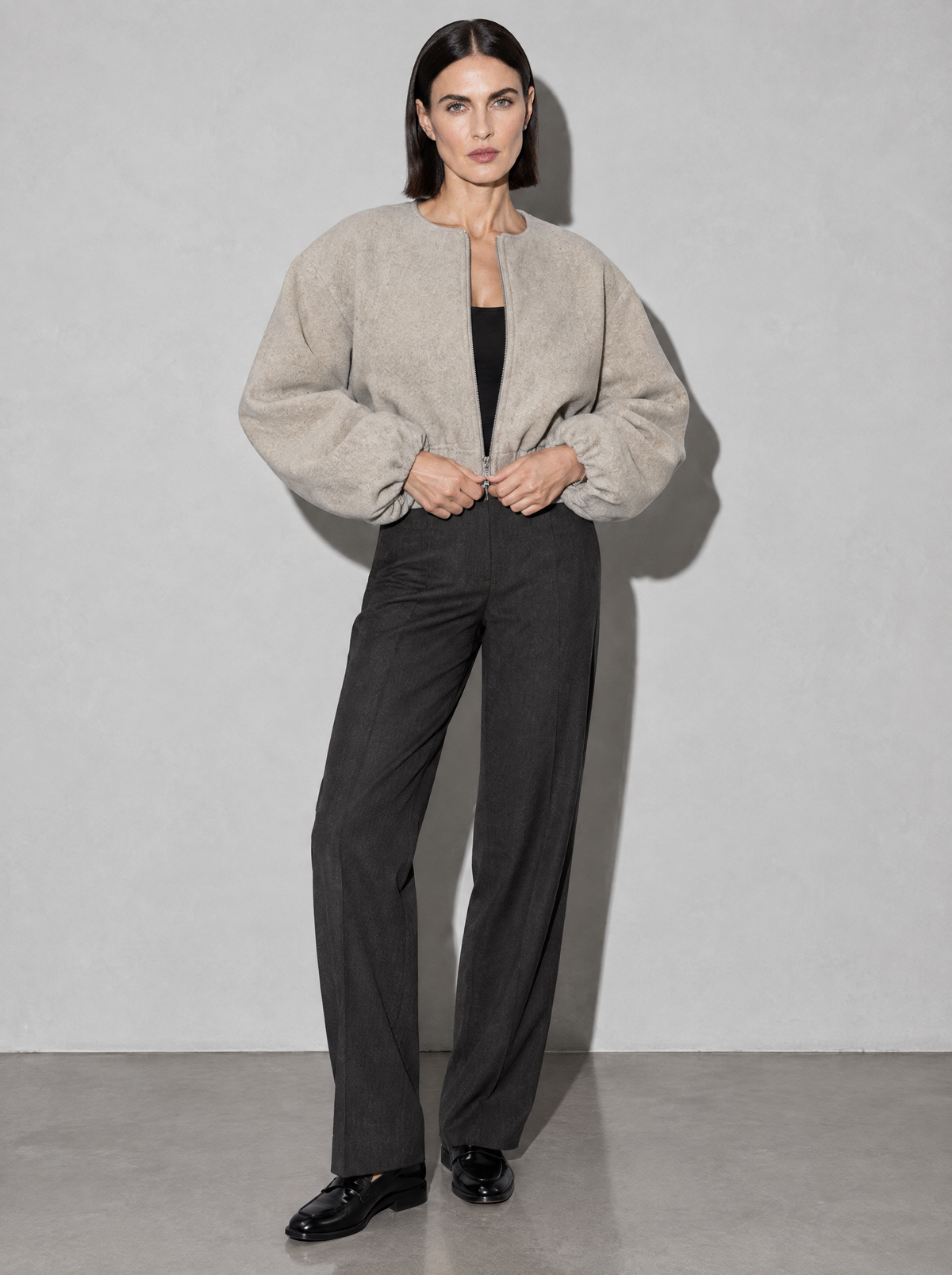 Women's Jacket Fleece Bomber Cropped Zip Collarless — Beige — adjusting