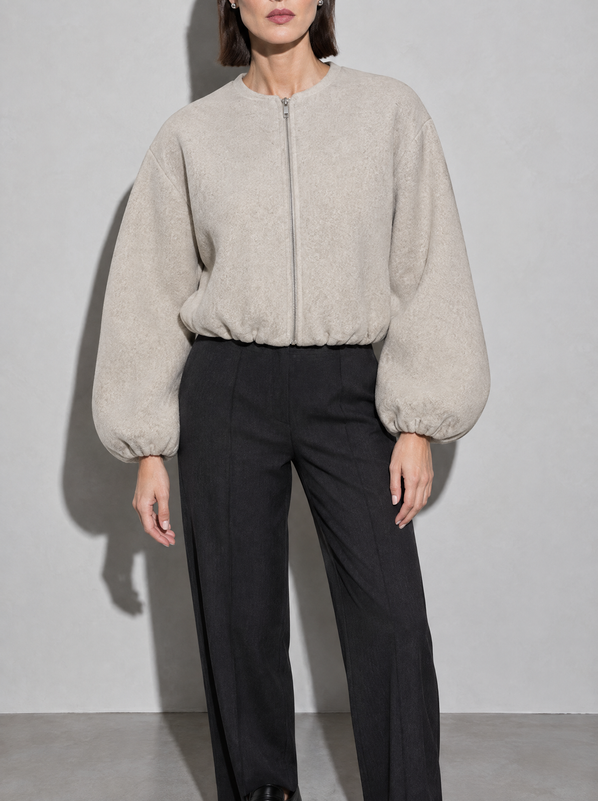 Women's Jacket Fleece Bomber Cropped Zip Collarless — Beige — bust to thigh