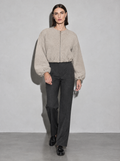 Women's Jacket Fleece Bomber Cropped Zip Collarless — Beige — main