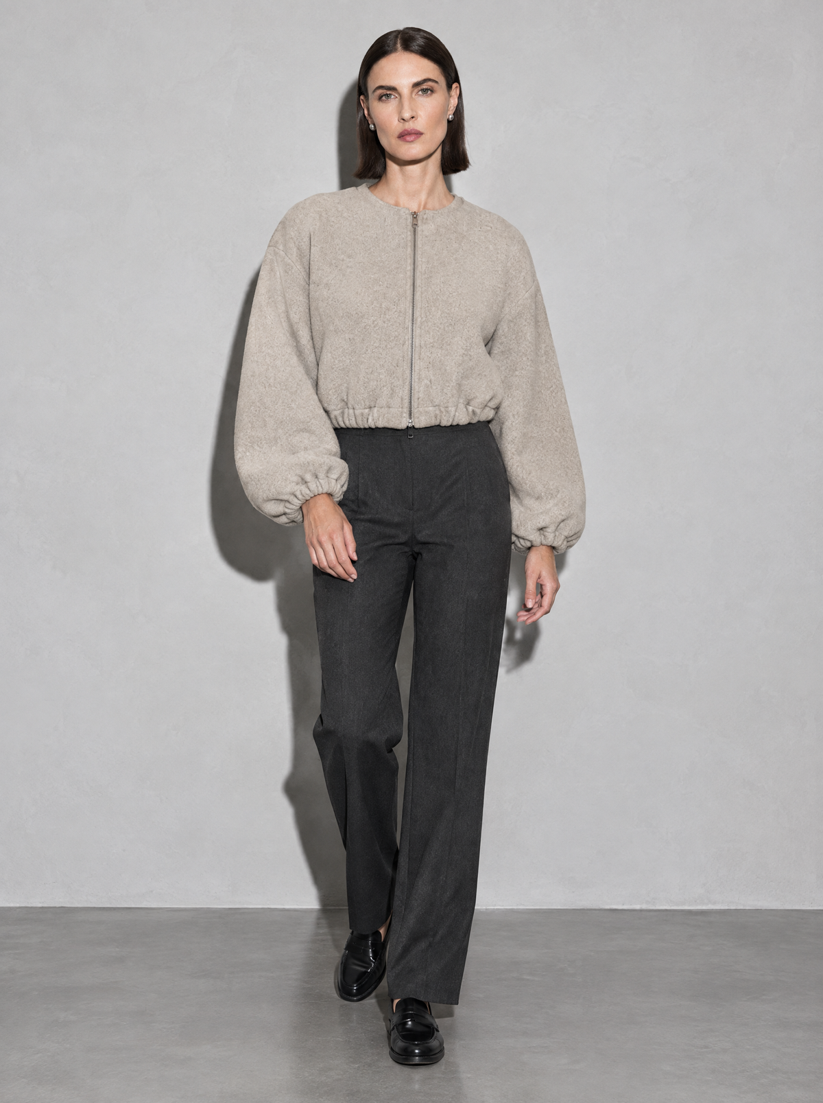 Women's Jacket Fleece Bomber Cropped Zip Collarless — Beige — main