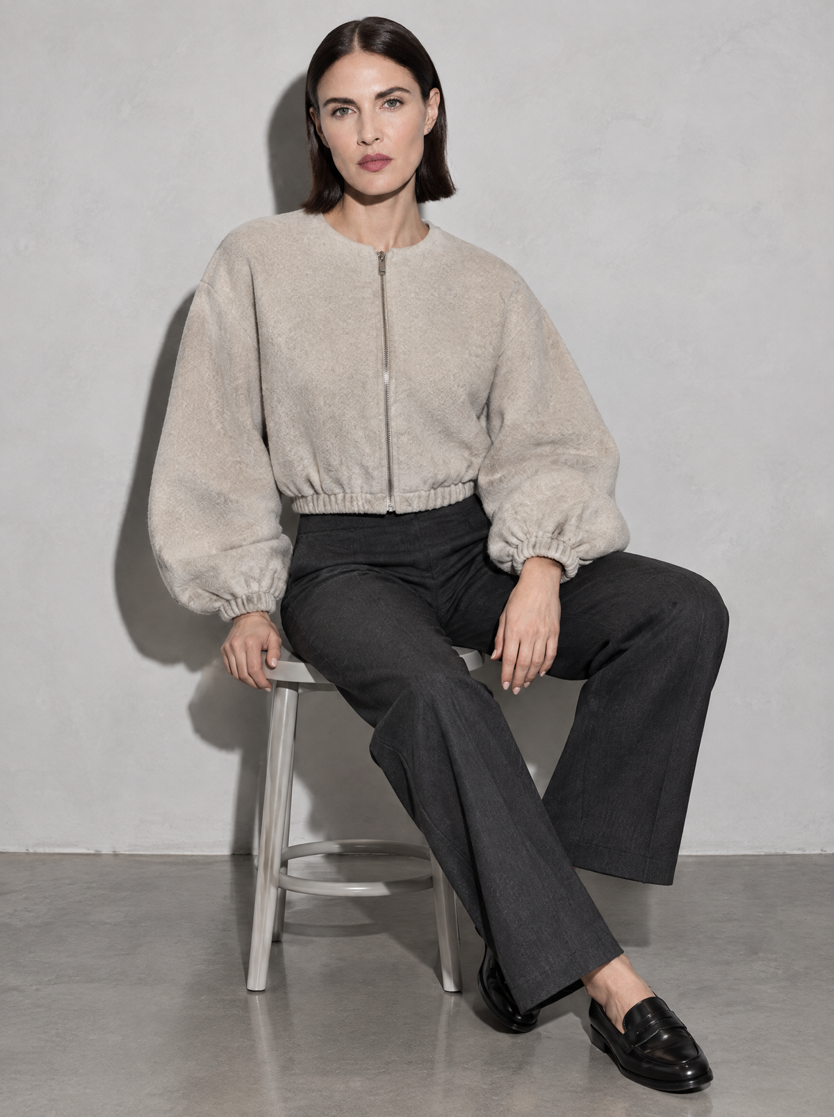 Women's Jacket Fleece Bomber Cropped Zip Collarless — Beige — seated or lean