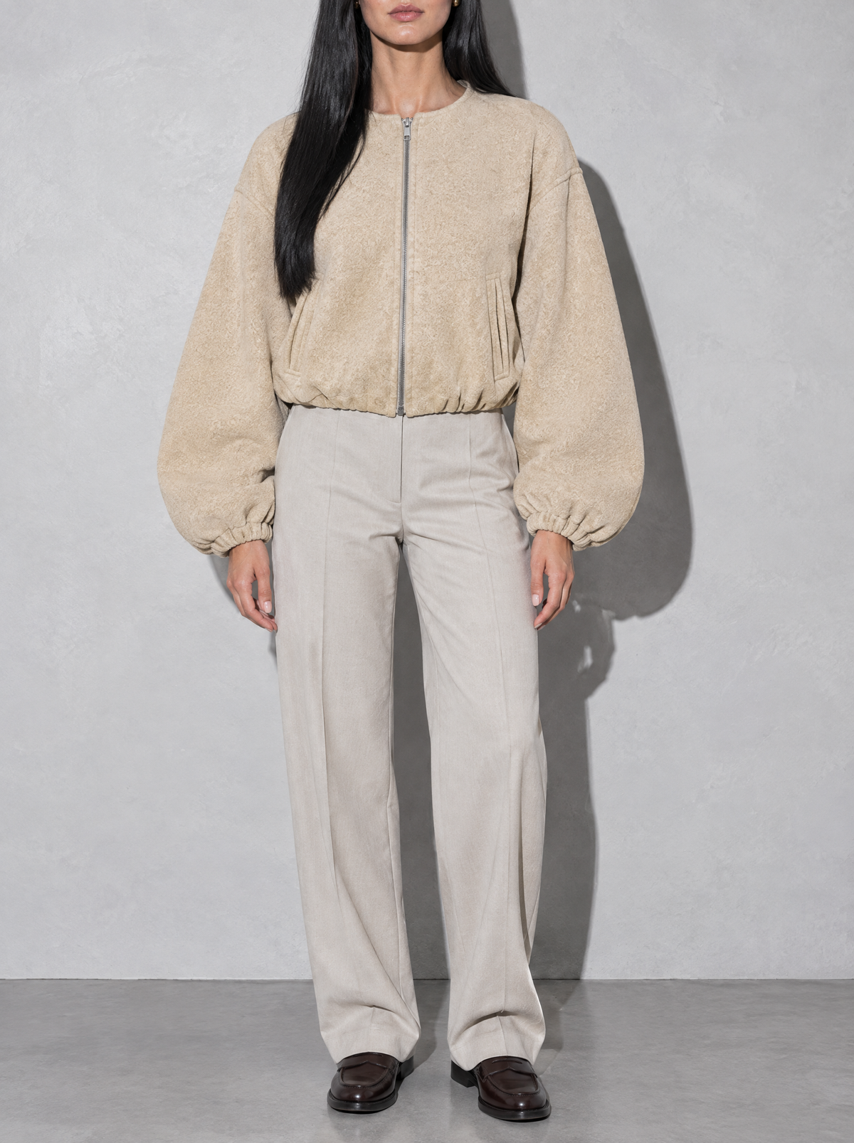 Women's Jacket Fleece Bomber Cropped Zip Collarless — Khaki — bust to thigh