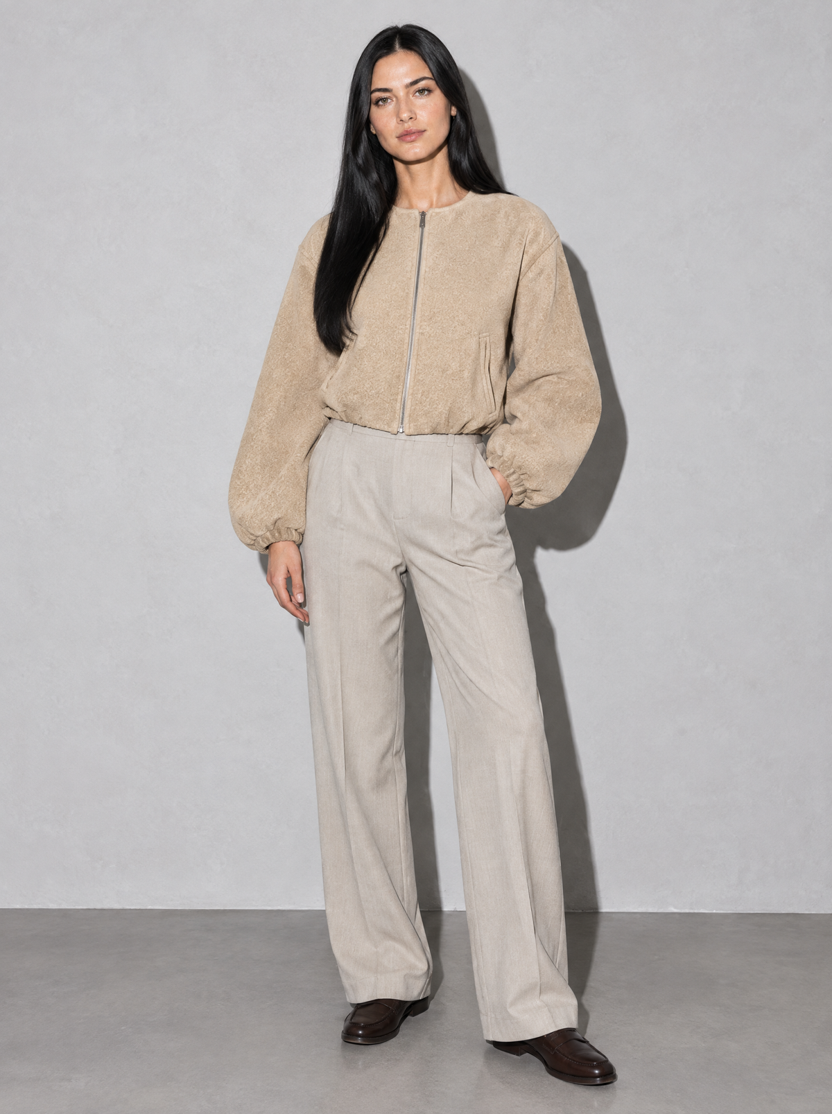 Women's Jacket Fleece Bomber Cropped Zip Collarless — Khaki — main