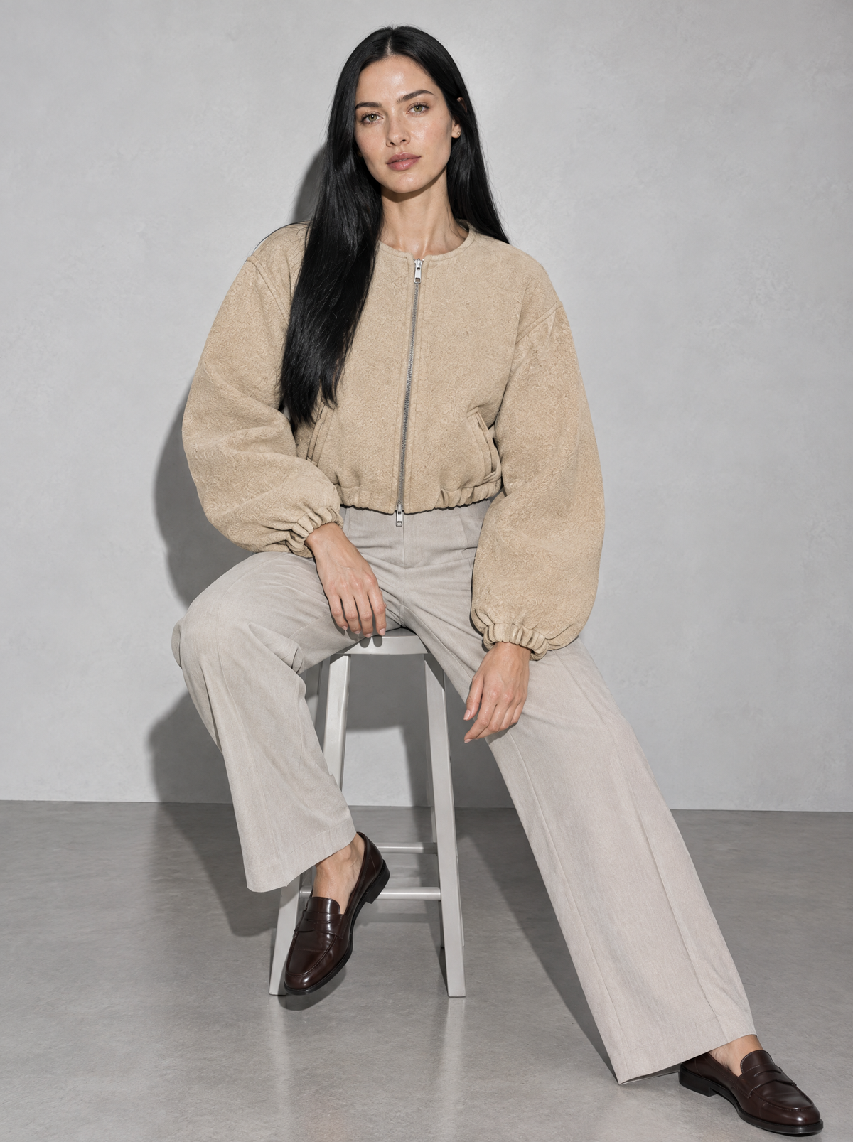 Women's Jacket Fleece Bomber Cropped Zip Collarless — Khaki — seated or lean