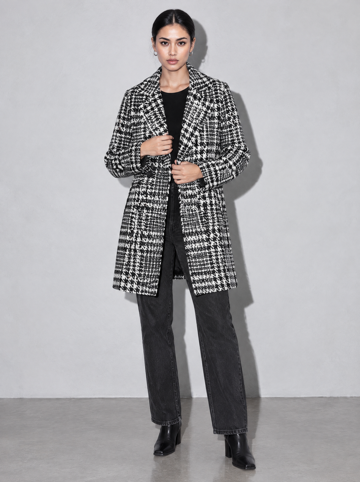 Women's Coat Houndstooth Double Breasted Mid Length — Checkered — adjusting