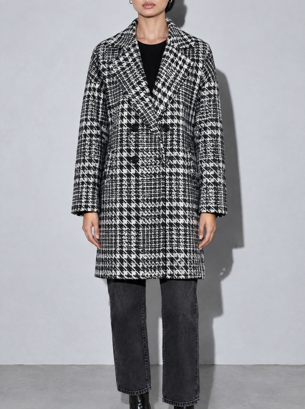 Women's Coat Houndstooth Double Breasted Mid Length — Checkered — bust to thigh
