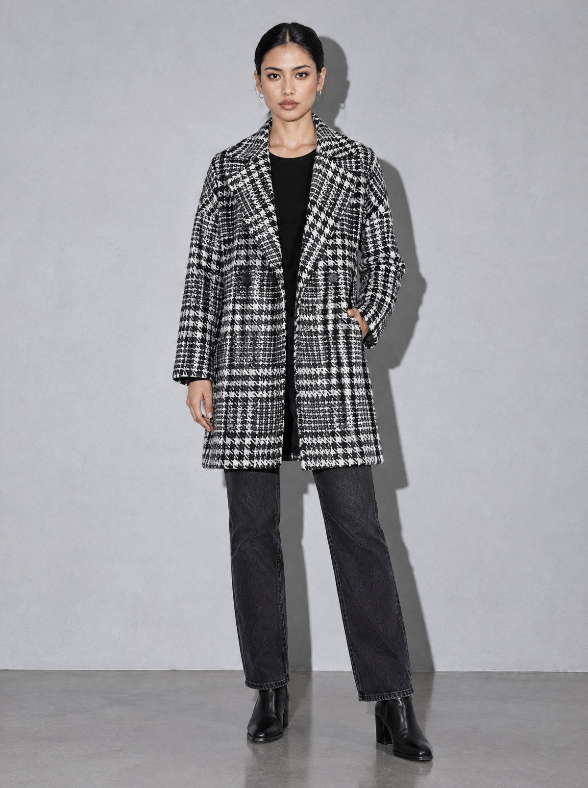 Women's Coat Houndstooth Double Breasted Mid Length — Checkered — main
