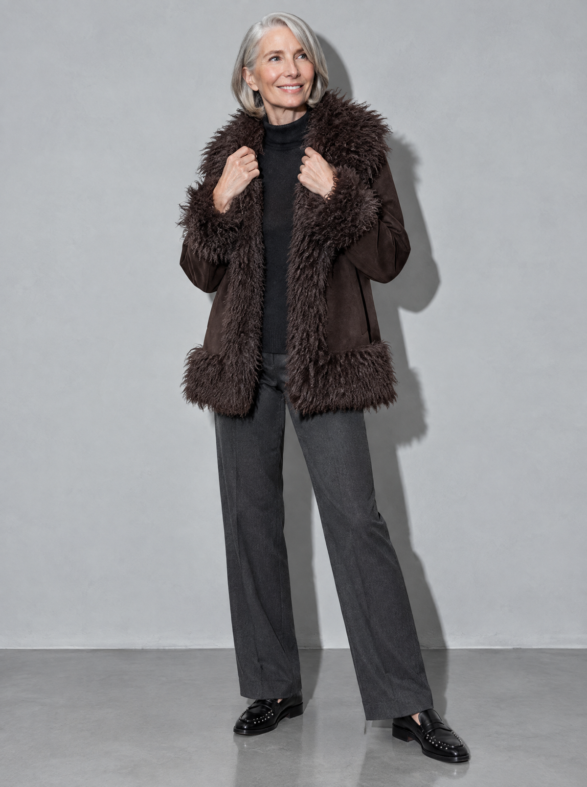 Women's Coat Plush Faux Fur Open Front — Brown — adjusting