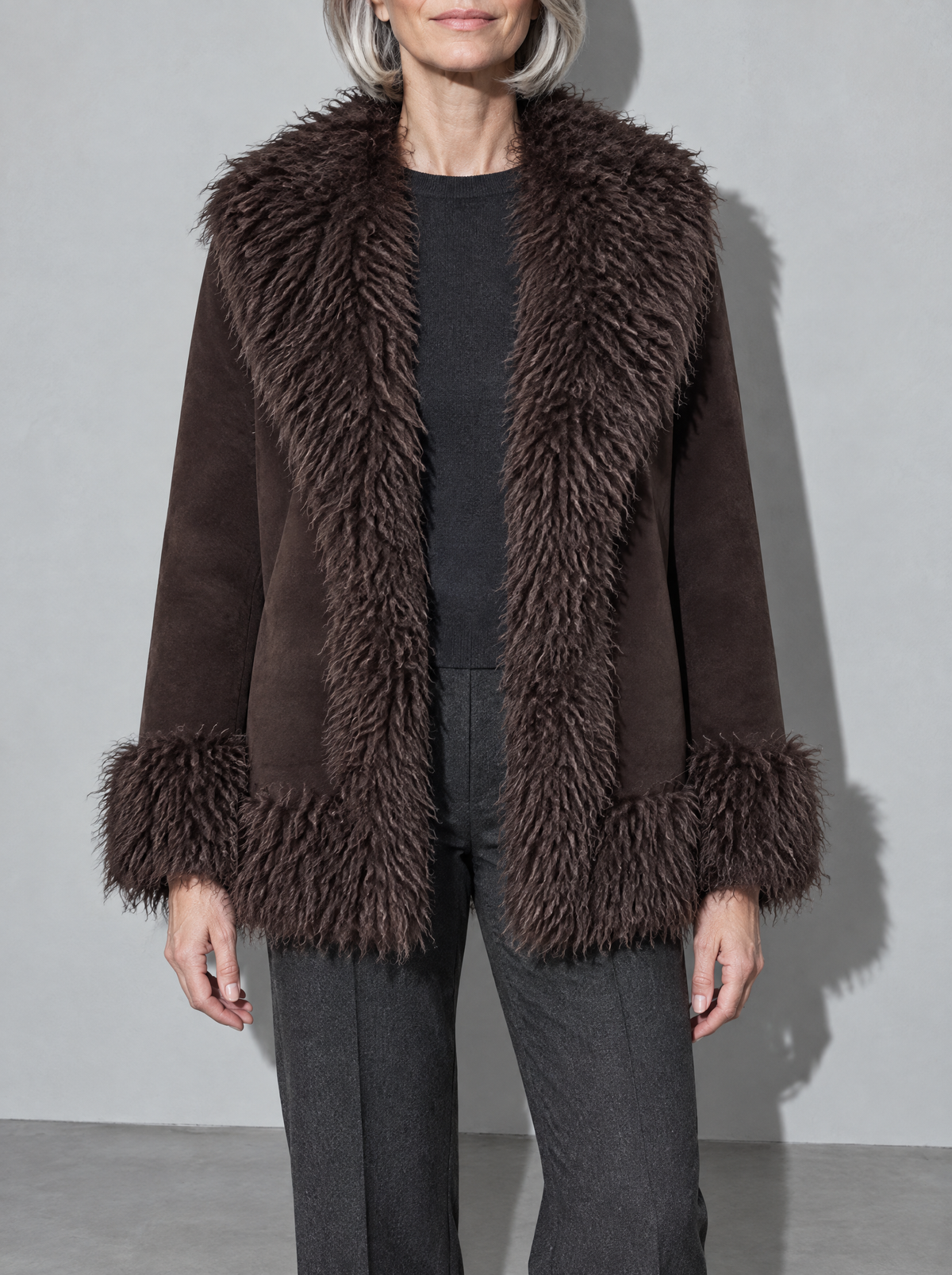 Women's Coat Plush Faux Fur Open Front — Brown — bust to thigh