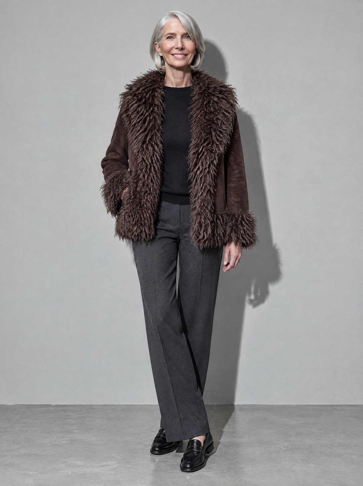 Women's Coat Plush Faux Fur Open Front — Brown — main