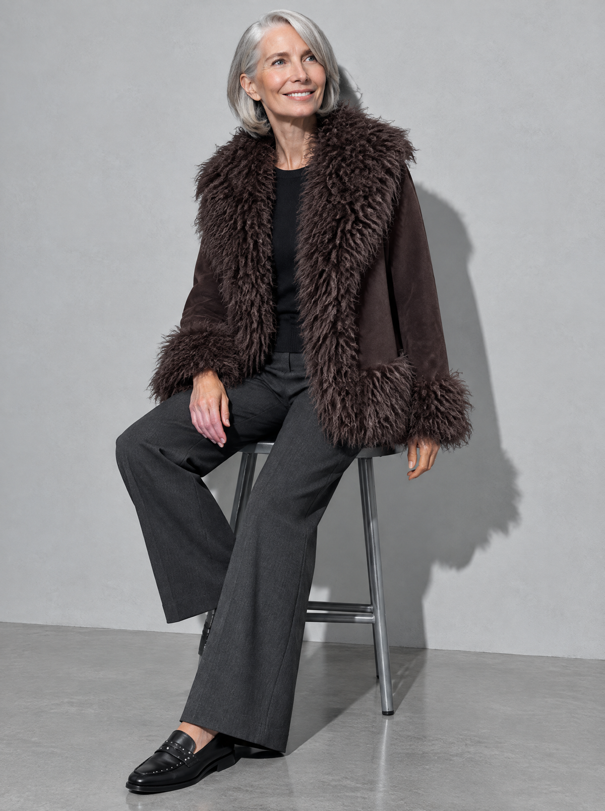 Women's Coat Plush Faux Fur Open Front — Brown — seated or lean