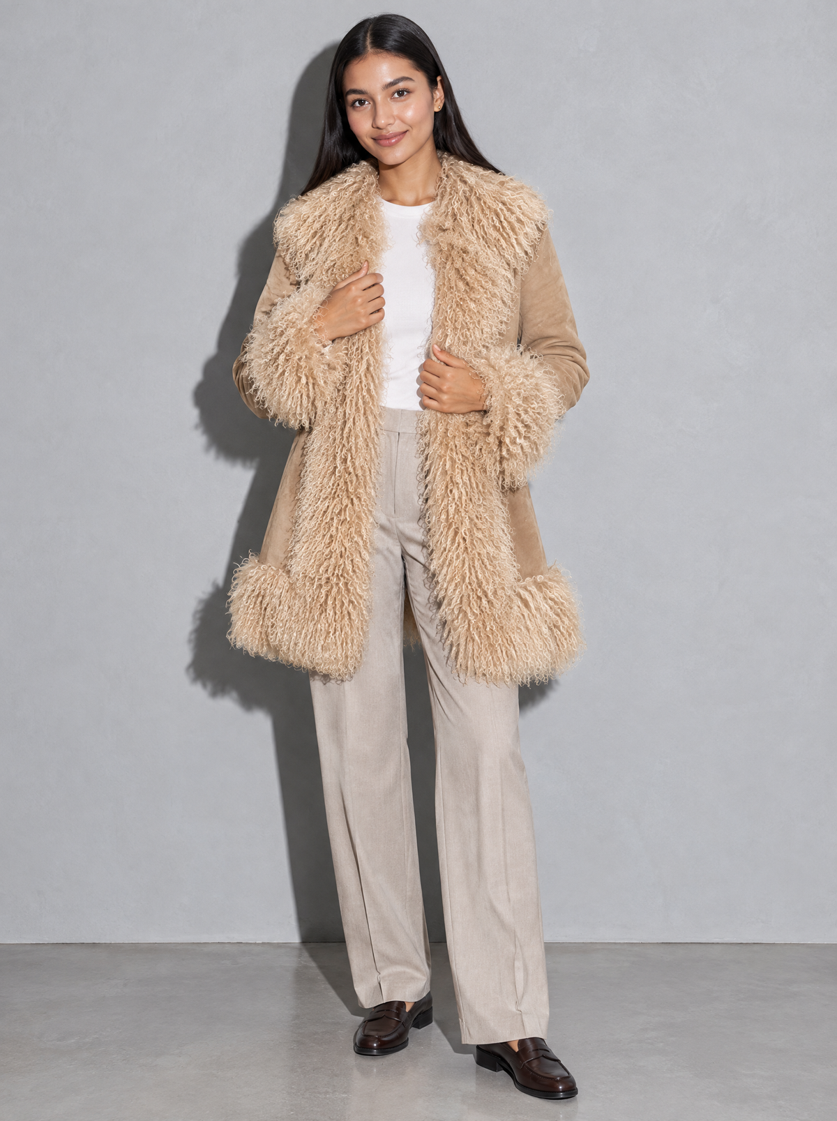 Women's Coat Plush Faux Fur Open Front — Tan — adjusting