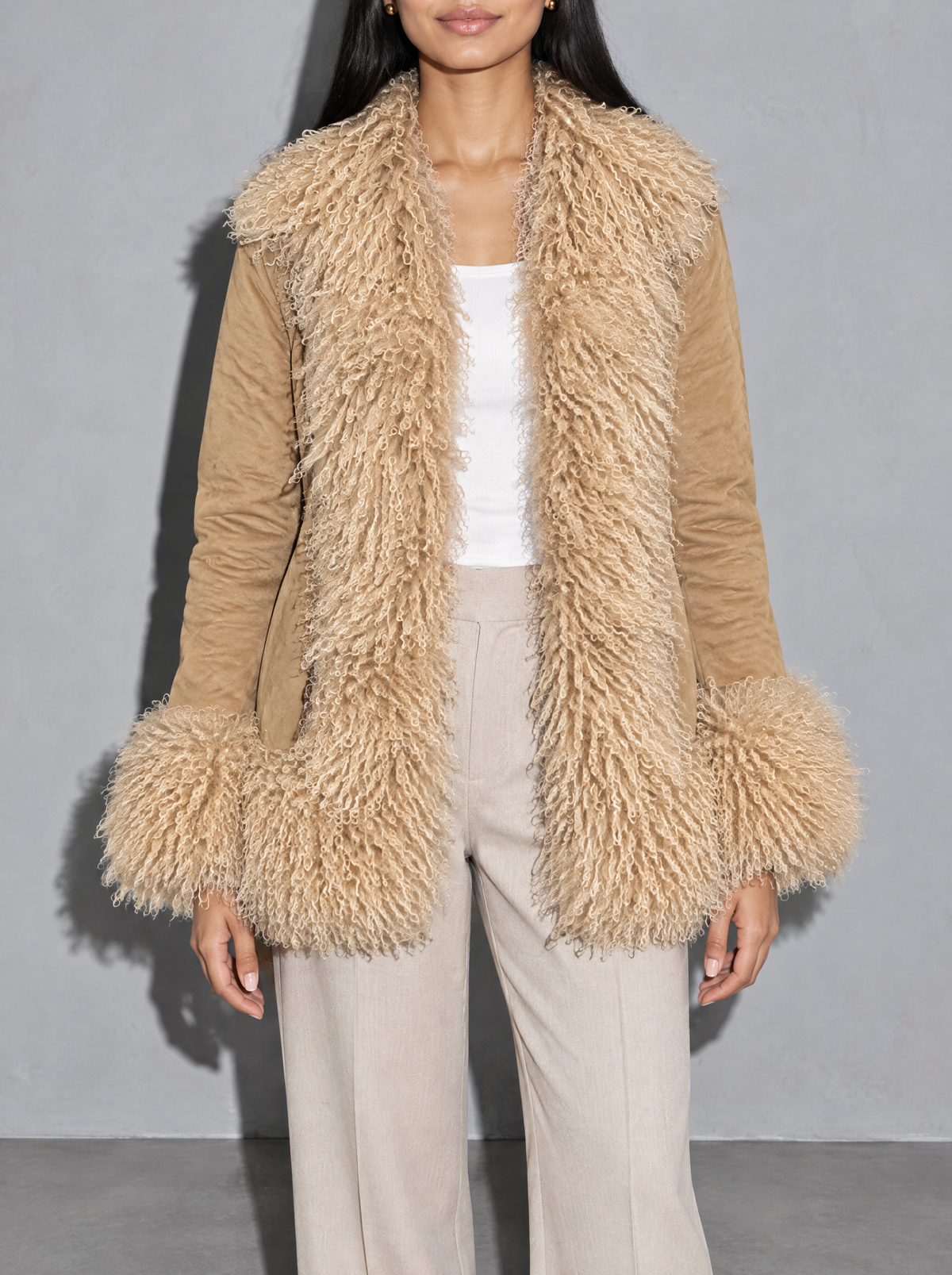 Women's Coat Plush Faux Fur Open Front — Tan — bust to thigh