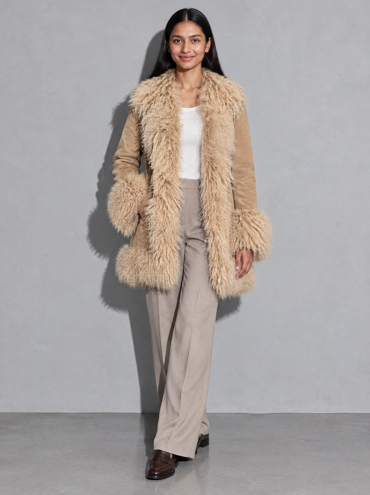 Women's Coat Plush Faux Fur Open Front — Tan — main