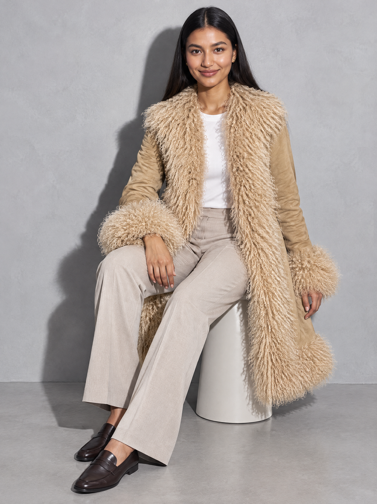 Women's Coat Plush Faux Fur Open Front — Tan — seated or lean