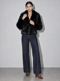 Women's Jacket Faux Fur Shawl Collar Cropped — Black — adjusting