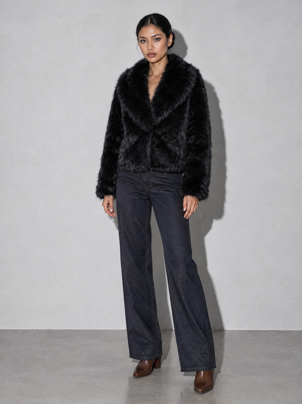 Women's Jacket Faux Fur Shawl Collar Cropped — Black — main