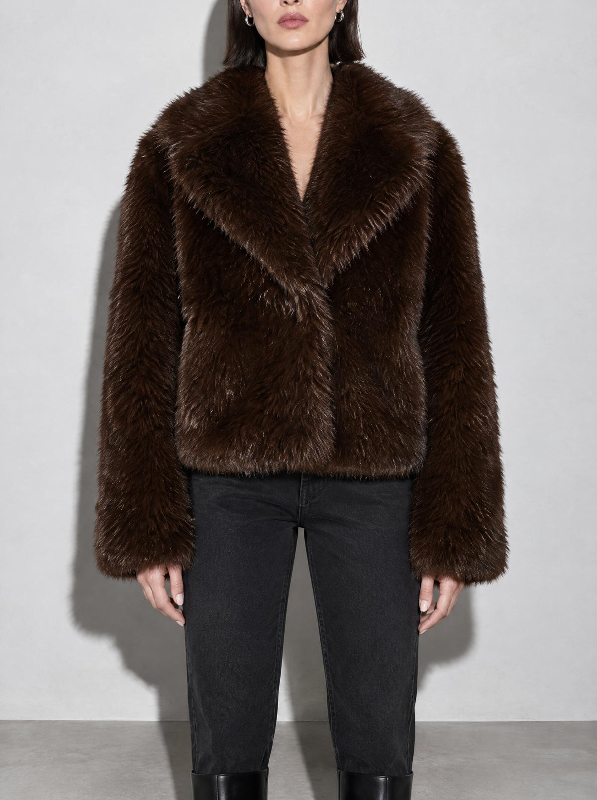 Women's Jacket Faux Fur Shawl Collar Cropped — Dark Brown — bust to thigh