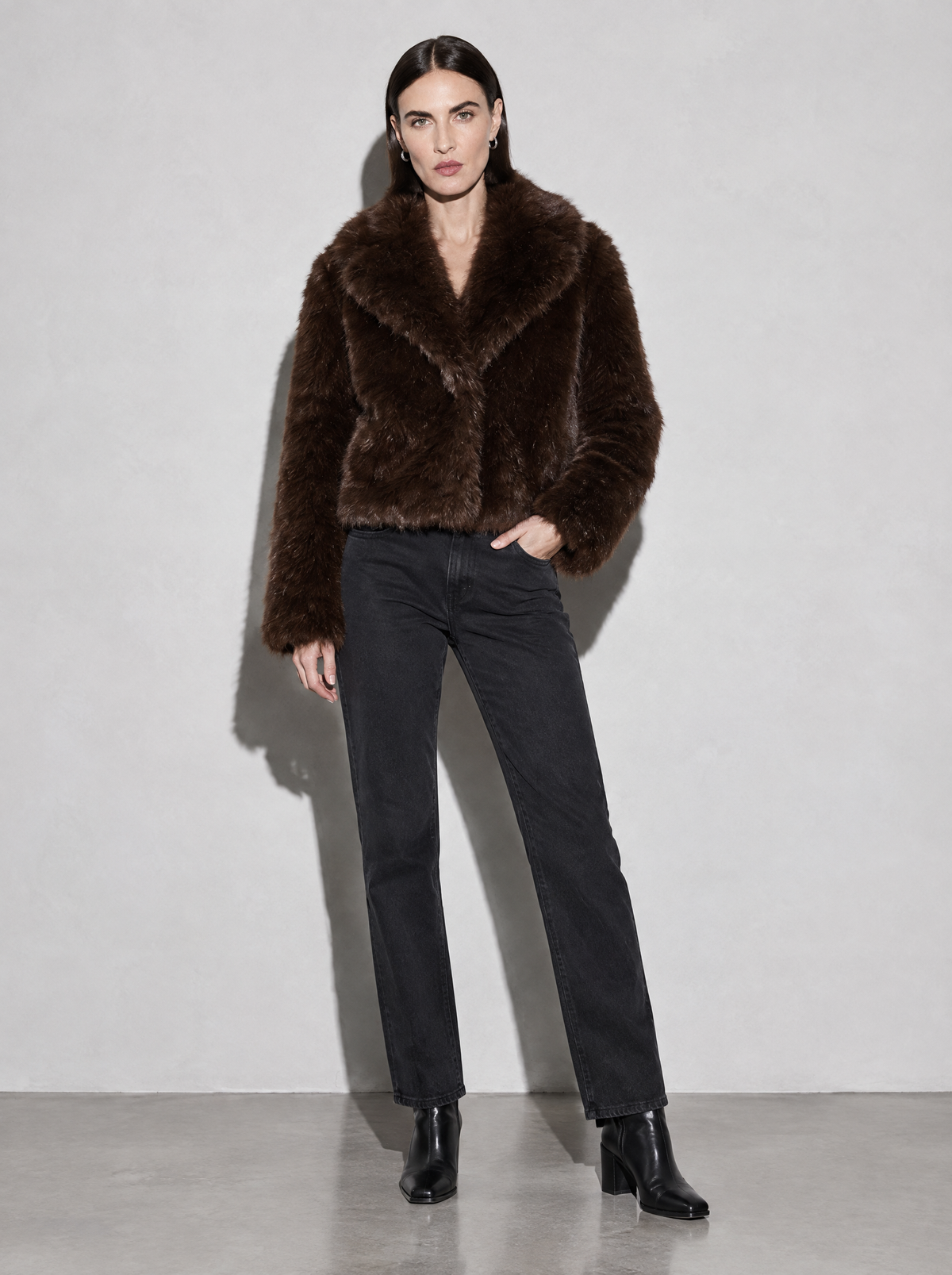 Women's Jacket Faux Fur Shawl Collar Cropped — Dark Brown — main